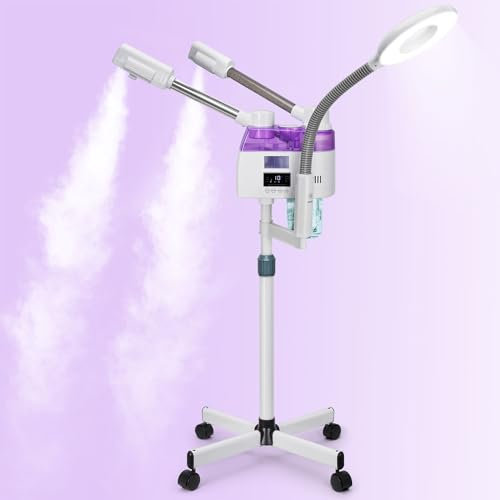 Vaporizador facial, vaporizador facial profesional 3 en 1 con lámpara LED de aumento 5X, vaporizador esteticista con niebla fría y caliente, vaporizador facial sobre ruedas para salón, spa, belleza,