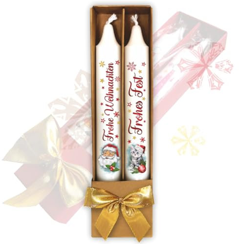 2er Set Weihnachtskerzen – Schöne Weihnachtszeit - in Geschenkverpackung mit Schleife | Sprüche auf Spitzkerzen Stabkerzen Kerzen mit Tattoofolie im Geschenkset