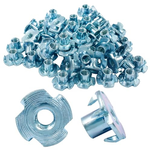 Hitefu M5 X 8mm T-Nut 4 Pronged Zinc Plated Tee Nuts Threaded Insert for Table Legs Rock Climbing Wall Woodwork Holds Wood Cabinetry (60Pcs)