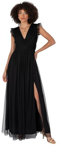 Anaya with Love Women's Maxi Dress Ladies V-Neck Short Sleeve Split Tulle A-line for Wedding Guest Bridesmaid Evening Occasion Ball Gown, Black, 16