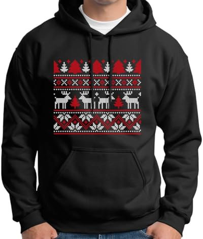 Hoodie - Weihnachtspullover mit Strick-Optik - Elch, Renntier Pullover Weihnachtsmotiv - Nikolaus, Weihnachten - Herren & Damen (DE/NL/SE/PL, Alphanumerisch, XXL, Regular, Regular, Schwarz)