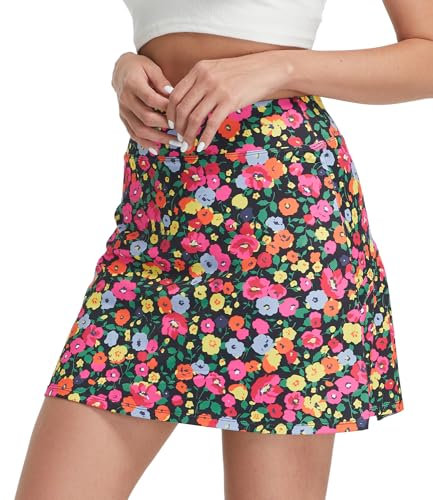 Westkun Damen Tennis Skorts Sommer Tennisrock mit Innenshorts Mini Sportrock Golfrock Outdoorrock Hosenrock mit Tasche für Laufen Wandern Golf Kleine Blumen S