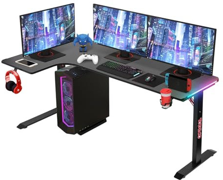 Todeco Bureau d'angle, Bureau en L Bureau Gaming LED 160 x 100cm, Grande Bureau Gamer avec Un Plateau en Fibre de Carbone, avec Porte-gobelet et Crochet pour Casque