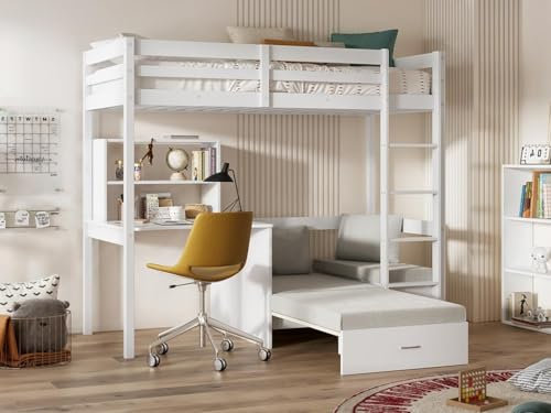 Vente-unique Hochbett mit Schreibtisch, Schlafsofa & Stauraum - 90 x 200 cm - Kiefer massiv - Geweißt - Goliath II