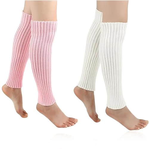 MWUMRCM Jambiere pour Femmes 2 Paires Rose Fluo Blanc Fluo Tricoté Guetre Années 80 90 Accessoires de Fête de bal Rétro Fête Danse Aérobic Accessoires de Costume