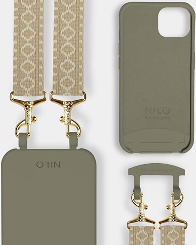 NILO® Set | Handyhülle mit Band, Handyband Beige Berry mit Oliver Handyhülle für iPhone 12/12 Pro | hochwertige Handykette, verstellbar, mit Karabiner Gold