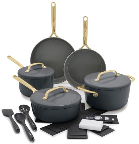 GreenPan GP5 14 Piece Cookware Pots and Pans Set, Hard Anodized Healthy Ceramic Nonstick PFAS-Free, Champagne Handles, Heavy Gauge, Stay-Flat Surface, Induction,Dishwasher and Oven Safe, Slate