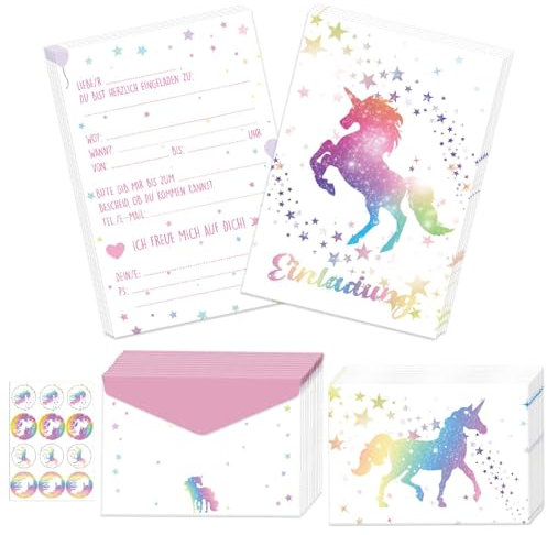 Betensh 12 Stück Einhorn Einladungskarten Kindergeburtstag Mädchen, 15×10cm Glitter Einhorn Einladungskarten mit Umschlag, Einhorn Partyeinladungen, Geburtstagseinladungen Mädchen für Einhorn Party