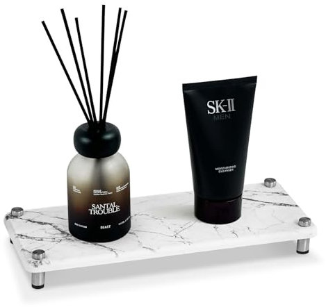 MSJGA Kitchen Sink Organizer, Instant Drying Diatomaceous Earth Soap Tray, Bathroom Counter Tray, Fast Drying Stone Sink Caddy, Suitable for Soap Sponge Holder Toothbrush Cup, Medium, Marble White