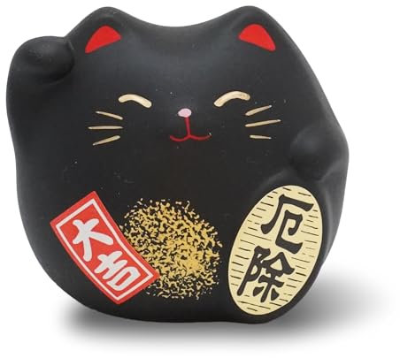 COTONOHA Banko Ware Maneki Neko – kleine Glückskatze Figur für Glück, hergestellt in Japan, 5,6 cm, Schwarz
