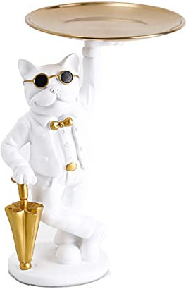 WPKD BLUEIY Bulldogge Tablett Deko,Bulldogge Schlüsselschale,Harz-Schlüsselhalter-Tablett,Bulldog-Figur, Schlüsselablage für Eingangsbereich, Dekoration, Zuhause (Weißer Hund)