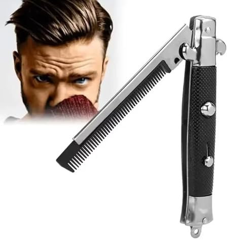 Klappkamm für Männer | Edelstahl | Springmesserkamm Bartkamm | Professioneller Stylingkamm | Friseur Styling Werkzeug | Frisurenkamm