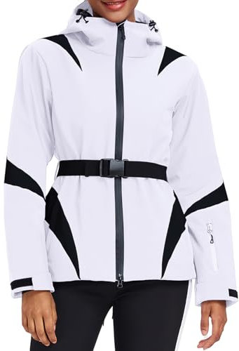 HOTIAN Damen Winterjacke Skijacke Wasserdicht Winddicht Warm Snowboardjacke mit Kapuze Atmungsaktiv Schneejacke Outdoor Kapuzen Windbreaker mit Hüftgürtel White L