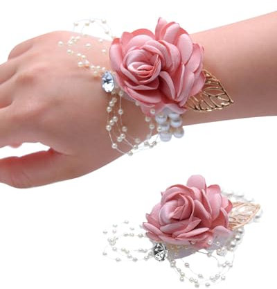FDCGAS Flor Hecha a Mano - 1pcs Flor Boda Pulsera,muñeca elásticos de Perlas de Seda Marfil Rosa Ramillete de Boda Pulseras de Flores para Novia, Novia, Novia, Baile, Fiesta, Suministros