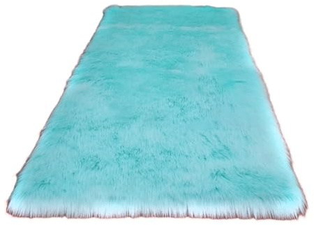 Hochflor Teppich Flauschige Teppiche Waschbar & Anti-Rutsch,Rechteck Fellteppich Kunstfell Fell Matte aus Acryl Kunstfell Teppich für Wohnzimmer Schlafzimmer Bettvorleger Flur,Hellblau,50x150cm