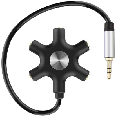 Divisor de Audio de 5 Jacks con Conector de 3.5mm Chapado en Oro, Ideal para Aulas, Mezcla de Sonido y Entretenimiento Grupal, Compatible con iPhone, iPad, Samsung y Más