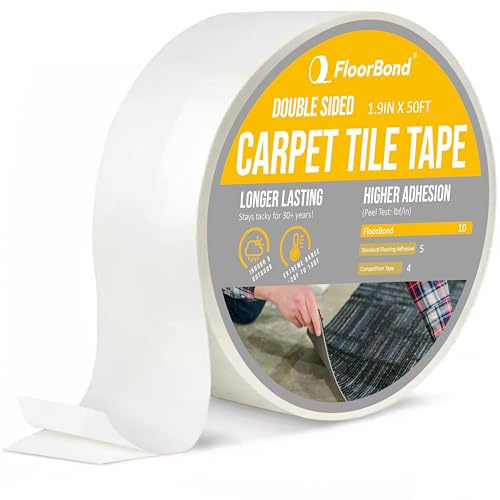FloorBond Carpet Tile Tape 1.9”X50FT – Strong Carpet Tile Tape for Wood & Concrete Subfloors – Heavy Duty, 30+ Year Tack Hold - Permanent Adhesive for Indoor/Outdoor Use