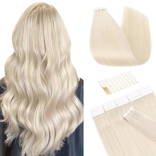 TESS Invisible Tape in Hair Extensions Real Human Hair 20PCS Hair Loss Cover or Highlights Reusable Glue Tape Hair Pieces for Women UK #70 Ultra Platinum Blonde 18 Inch 50g