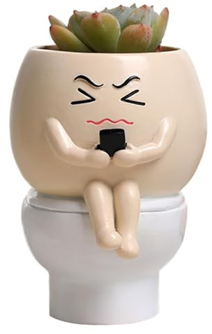 Kalastussaari Funny Plant Pots 3.5x4x5 Frowning Face Planter Sitting on Toilet & Holding Cellphone in Hand DIY Friendly Unique & Crative Head Planter for Succulent Face