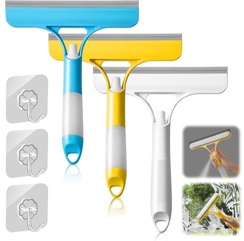 3 Pack 3 in 1 Window Cleaning Scraper, Shower Squeegee Cleaner, Window Squeegee Glass Cleaning Wiper with Spray Bottle & Brush, All Purpose Window Cleaner Tool for Car Home Kitchen