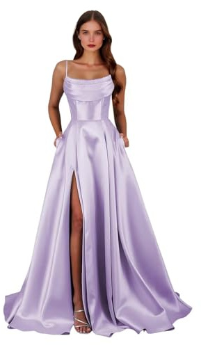 Spaghettiträger Satin-Abschlussballkleider mit Schlitz, A-Linie, Korsett, Ballkleider, lang, formell, Abendkleid, Partykleid mit Taschen, Flieder, 34