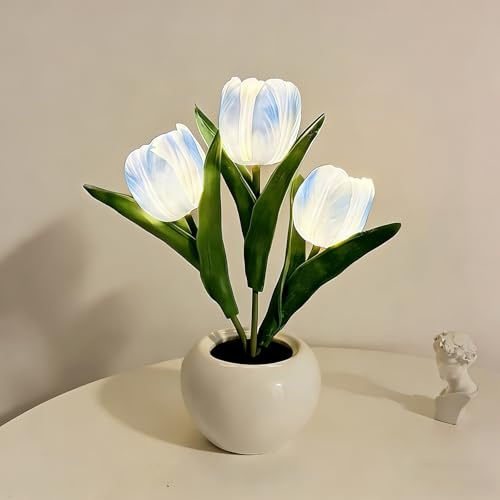 LED Tulip Night Light Flower Table Lamp, Tulpenlampe Led with 3 Artificial Flowers, Rechargeable Cordless Tulpen Nachtlicht, Bedroom Bedside Lamp for Home Living Room Desktop Decor (A, Plug in)
