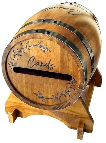 Boîte à Cartes de Mariage en Bois, Urne Mariage Boîte à Enveloppe de Cartes avec Fente et Support, Boîte de Rangement pour Cartes de Mariage en Forme de Baril de Whisky, pour Fête, Anniversair