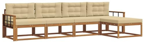 vidaXL Outdoor-Sofagarnitur mit Kissen 5 pcs Natur und Beige, Outdoor-Möbel-Set, modernes Patio-Sofa, wetterfestes Lounge-Set, Latten-Sofa, modulares Sofa