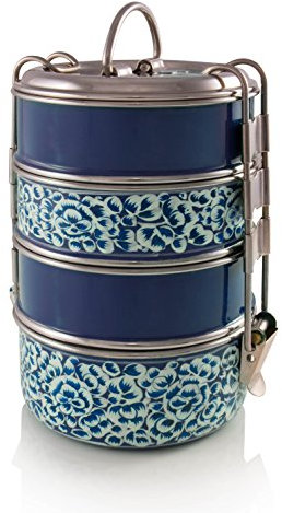 Indian-Tiffin Lunchbox peinte à la main 4 niveaux Bleue