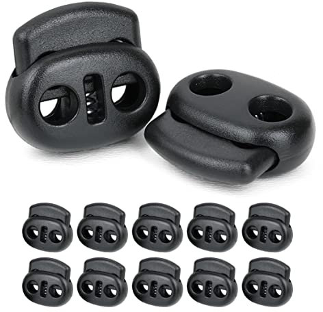 Ganzoo Kordelstopper 2-Loch 4mm, 10 Stück, Federverschluss, Tanka, Kordelklemme für Seile, Schnürsenkel, Kordeln, Schnur, Rucksack, Gummikordel, Schnellverschluss, Seilstopper, Kunststoff, schwarz