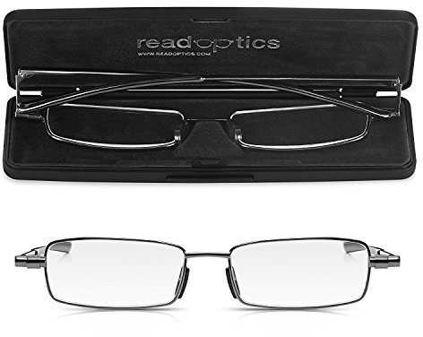 Read Optics Occhiali da lettura completamente pieghevoli +1,0, occhiali interamente in metallo che si aprono rapidamente con custodia sottile nera, facile da trasportare