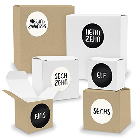 DIY itenga AdventskalenderSet V03 zum Selberbefüllen 24x Quader Würfel gemischt WEISS/BRAUN (Kraftkarton) + Sticker (Motiv Z23 Zahlen geschrieben)