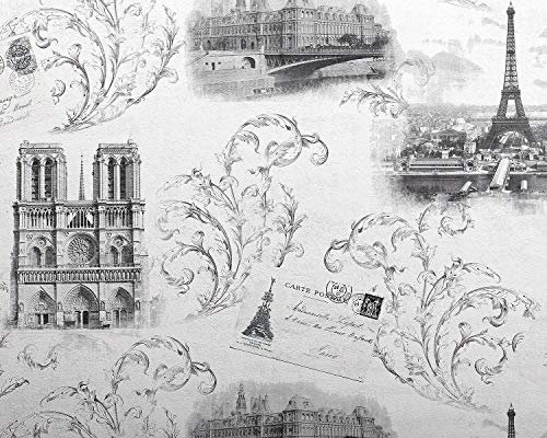 EDEM Romantische Tapete 9050-10 Vliestapete geprägt im Shabby Chic Stil Paris Eiffelturm Notre Dame schimmernd weiß grau anthrazit 10,65 m2
