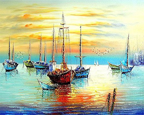 DIY Fabric Decorating Kits, ABEUTY Paint by Numbers Fishing Boat Sunrise Seascape 16x20 inches Number Painting Wall Art