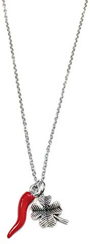 MODA MavillA Damen-Halskette aus Stahl mit Horn Glücksbringer und Kleeblatt-Anhänger.