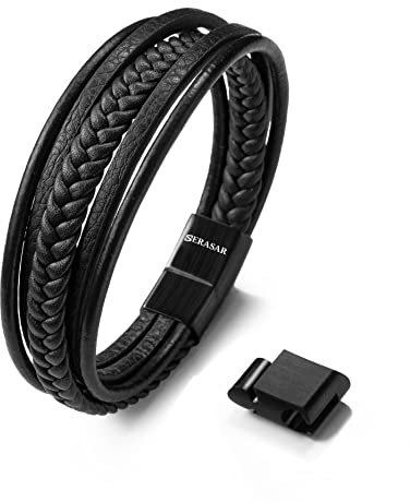 SERASAR Armbänder für Herren Leder Schwarz 25cm - Armband Männer Armreif Lederband Herrenschmuck Armkette Flecht Wickelarmband Kette Leather Bracelet