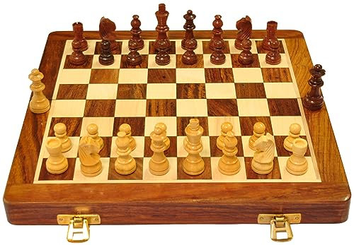 PALM ROYAL HANDICRAFTS International Tournament, Handcrafted Rosewood Unique Chess Board, Foldable Secure Storage, Magnetic Pieces With Extra Queens For Kids & Adults, Brown(12X12 Inches)
