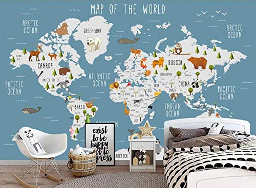 FHOMEY Papier peint Fresques 3D Décoration Murale Dessin Animé Peint À La Main Monde Carte Animale Chambre D'Enfants Fond Mural Mur Parc Animalier Papier Peint-350 * 245 Cm