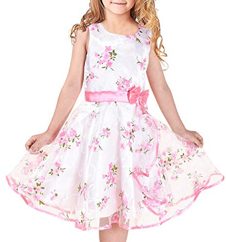 Sunny Fashion Robe Fille Blanche Fleurie 3 Couches avec Dentelle et Ceinture Rose Robe Vintage Demoiselle d'honneur 7-8 Ans