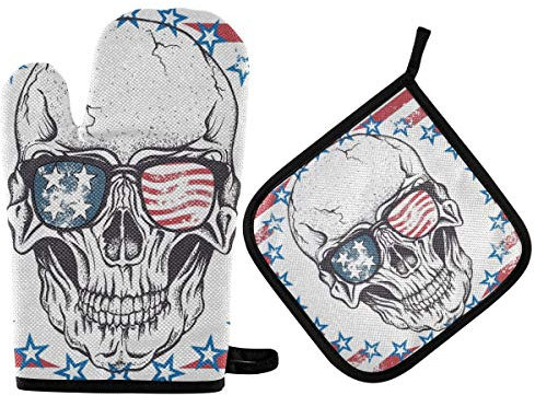 MNSRUU Ofenhandschuhe und Topflappen, Totenkopf-Motiv, hitzebeständig, für Weihnachten, Küche, Backen, Grillen, 2 Stück