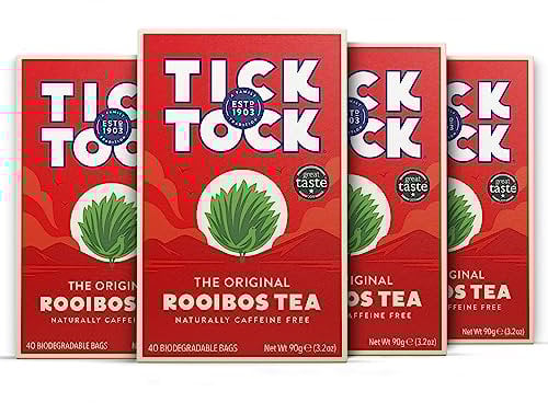 Tick Tock Rooibos Teabags, Caffeine-Free Tea, Pack of 4 x 40 Tea Bags (160 Teabags), Naturally Sweet Herbal Tea, Biodegradable, Rooibos UK, Redbush Tea Bags- 4 Pack