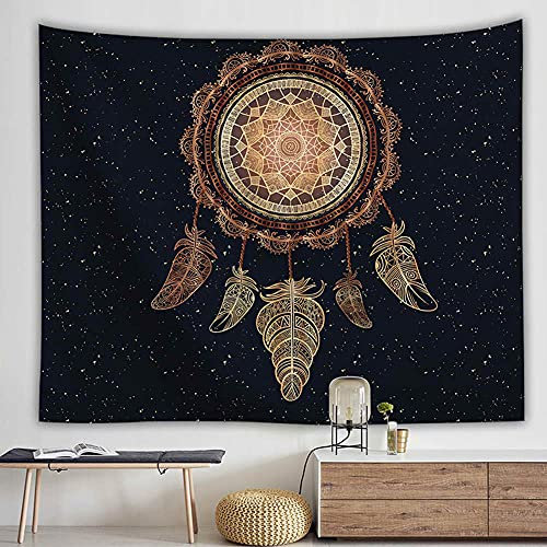 Wandteppich Traumfänger Dunkles Gold Federn,Wandtuch Mandala Wanddeko Schlafzimmer Deko Boho Style Tapestry,Makramee Wandbehang Psychedelic Wand Tuch,230x150 cm