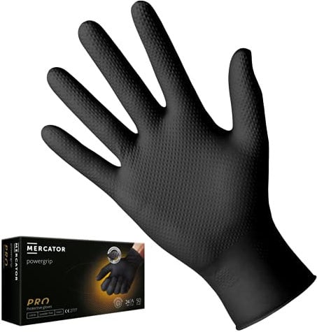 Nitrilhandschuhe MERCATOR POWERGRIP Schwarz, Einmalhandschuhe, puderfreie Einweghandschuhe, Größe: XXL - 50 Stück, latexfrei 2x dickere Nitrilhandschuhe, Diamanttextur