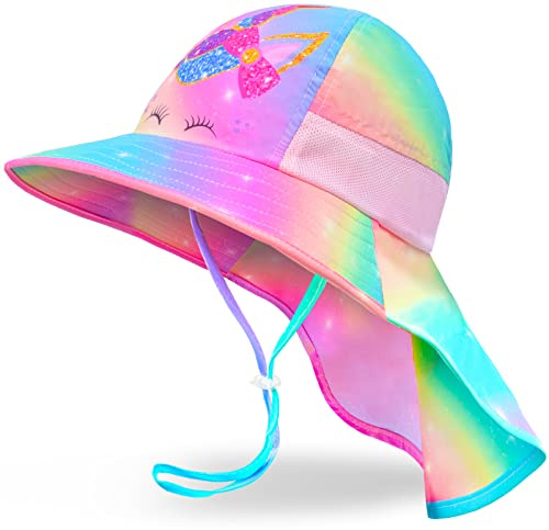 Sun Hat for Kids UV Protection Unicorn Summer, Beach Play Ponytail Hat Wide Brim Neck Flap for Girls 2-9 Years