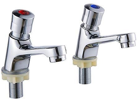 1 Pair Bathroom Sink Taps Modern Self Close Tap Hot Cold Mixer Chrome Finish Press Water Non-Concussive for Public Toilet Bathroom Hotel Home