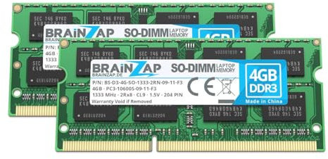 BRAINZAP 8GB DDR3 RAM SO-DIMM PC3-10600S-09-11-F3 2Rx8 1333 MHz 1.5V CL9 Notebook Laptop Arbeitsspeicher (2X 4GB)
