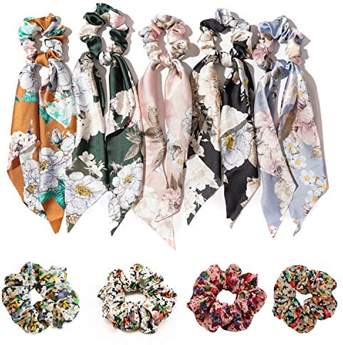 5 x Haarschal, 4 x florale Chiffon-Haarbänder, elastische Blumen-Haarbänder, Pferdeschwanz-Haarschmuck, modischer Damen-Haarschmuck für Frauen und Mädchen
