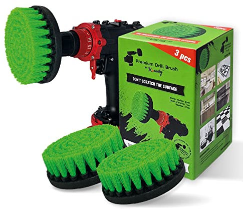 Kornely Brosse de Perceuse Premium – Mi-Dure 13 cm Verte Lot de 3 | Brosse de Nettoyage Anti-Rayures pour Plans de Travail, Plaques, Fours, Carreaux de Sol, Linoléum et Placards