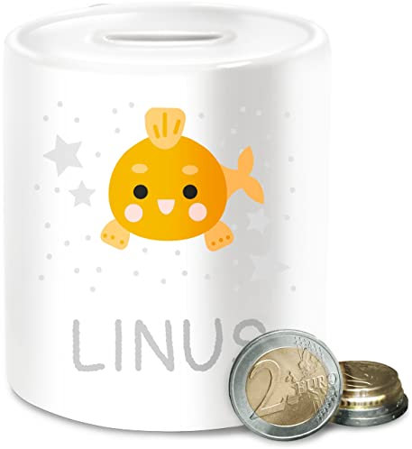 Spardose - Goldfisch Fisch Kinder - Unisize - Weiß - personalisierte Fische Name spardosen fischen goldfische sparbüchse personalisiertes Keramik Sternen kinderspardosen Kindergarten