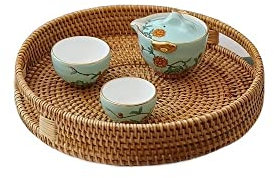 YSJX Aufbewahrungszubehör für Küche&Schlafzimmer Echtes Rattan-Teetablett, handgewebte Scheibe, nordische japanische Trageplatte, Desktop-Aufbewahrungskorb, chinesisches Tablett ( Farbe : Round S )